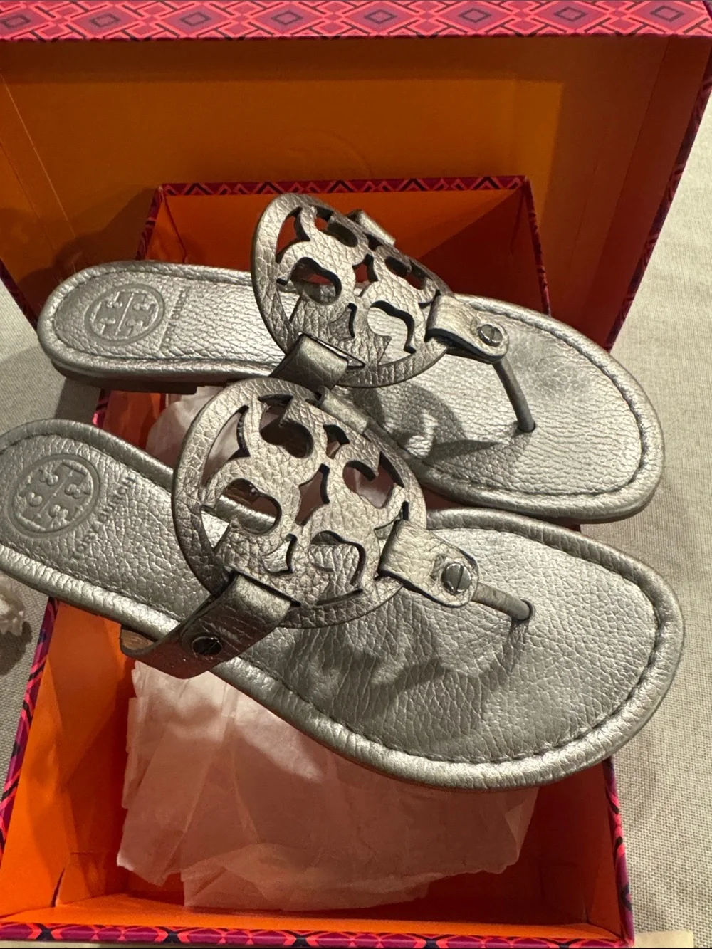Tory Burch Metallic Pewter Miller Thong Sandals